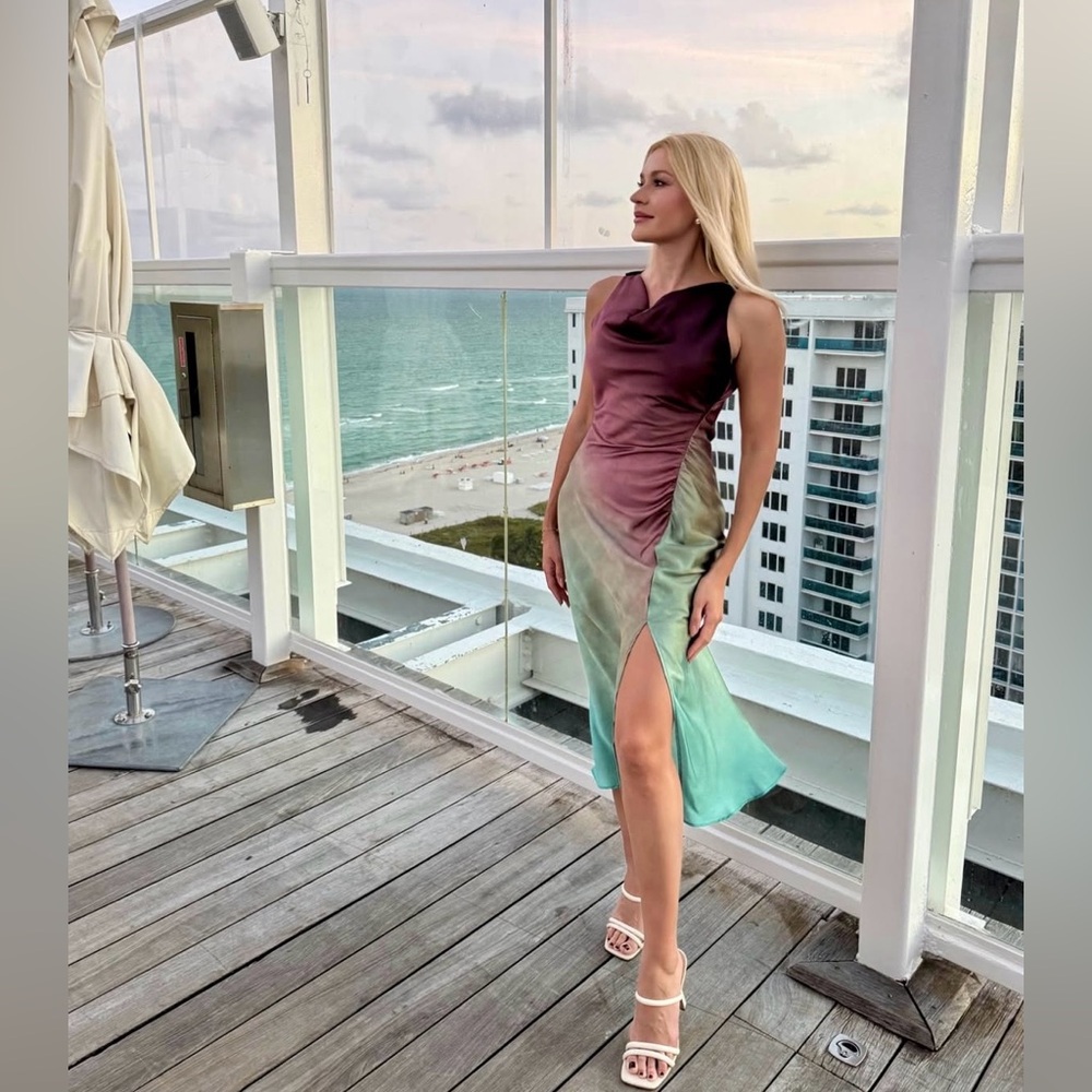 Zara dress midi satin tie dye fitted bodycon casual evening wedding cowl neck - Picture 6 of 13